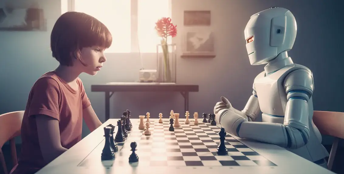 Ilustrasi papan catur dengan tangan manusia berhadapan dengan lengan robot AI di tengah pertandingan strategis