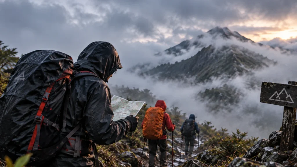Pendaki memperhatikan kondisi cuaca dan jalur di gunung